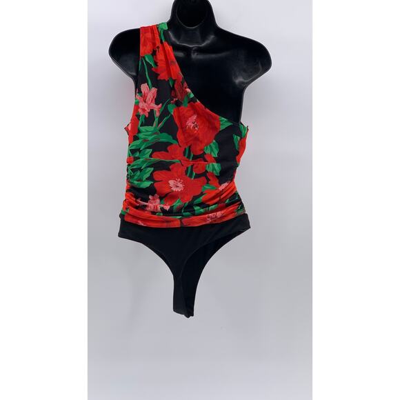 AFRM Women'S Black-Red Floral Delos One-Shoulder Cutout One-Piece Bodysuit SZ XS - Picture 2 of 10